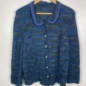 Vintage Handknit? Gold Button  Collared Open Knit Cardigan Sweater